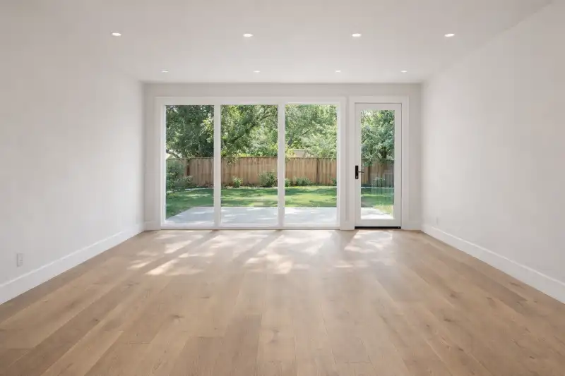 Bright new room with wide plank floors and a wall of glass doors to the yard