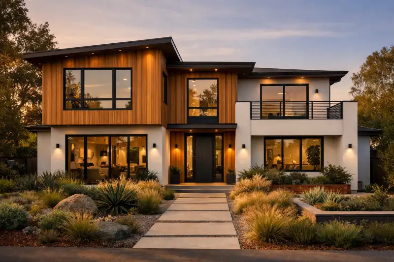 Modern two story home with wood siding and a landscaped front walk at sunset
