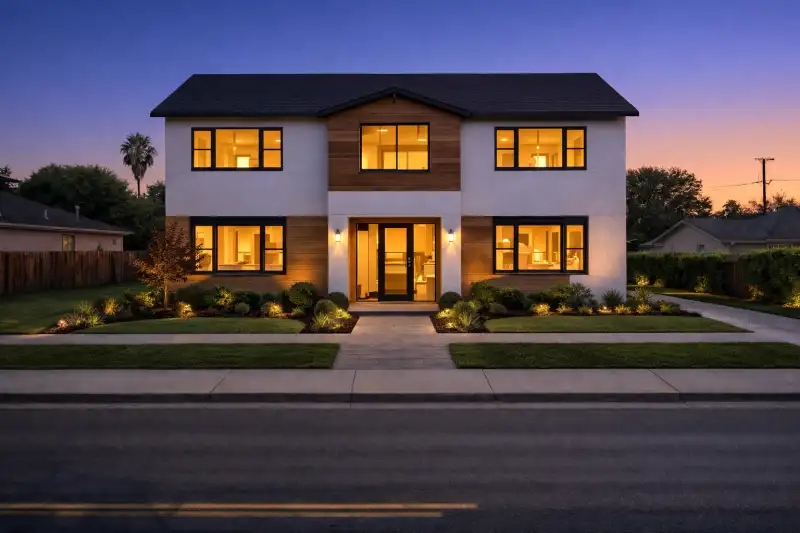 New two story home at dusk with warm lights in the windows