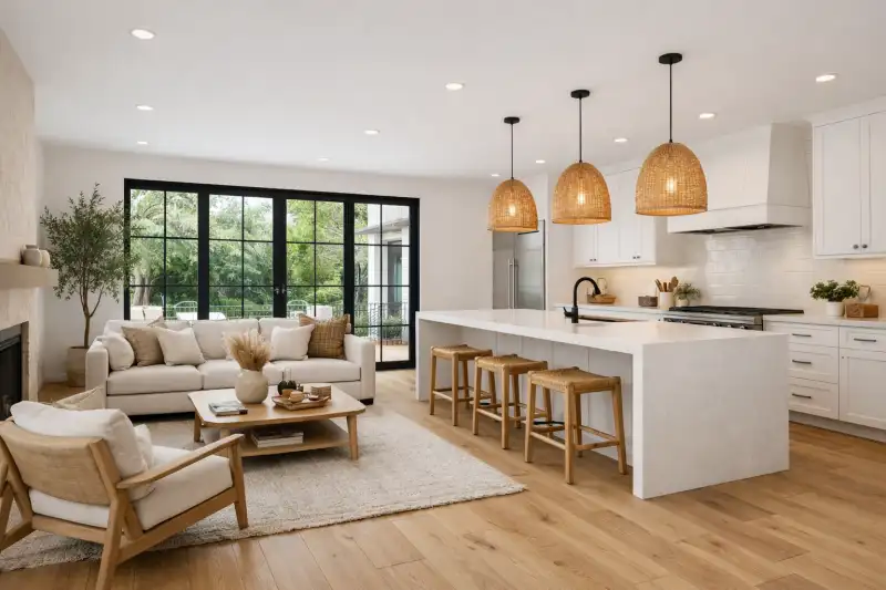 Open living room and kitchen with a white island and oak floors